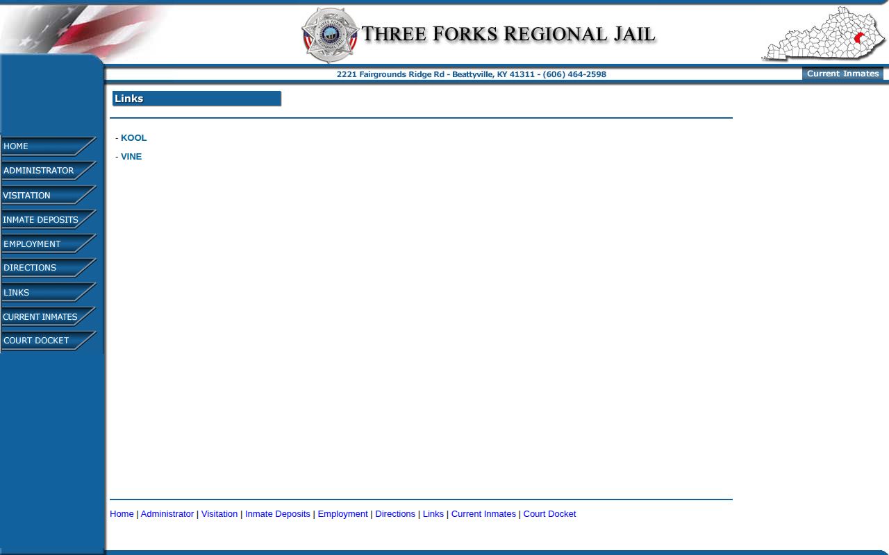 Three Forks Regional Jail links page directing users to Kentucky VINELink