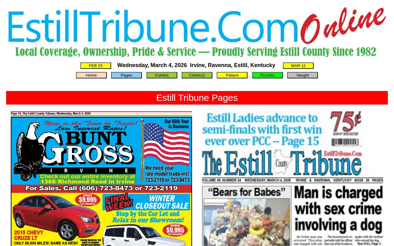 Estill Tribune weekly page archive used for dated arrest report research