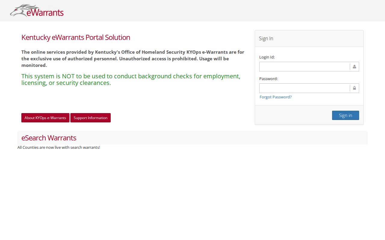 Kentucky eWarrants authorized-user login for Estill warrant guidance