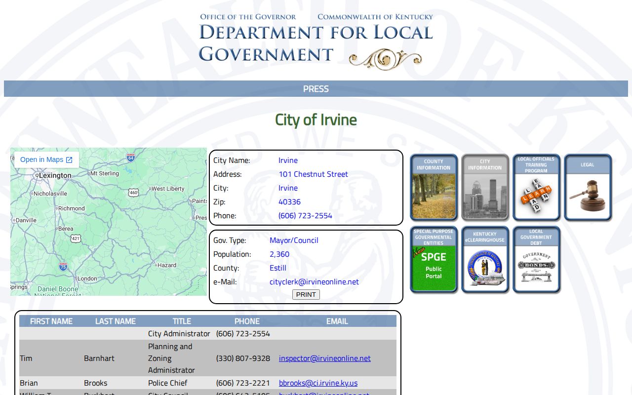 Kentucky Department for Local Government Irvine city profile