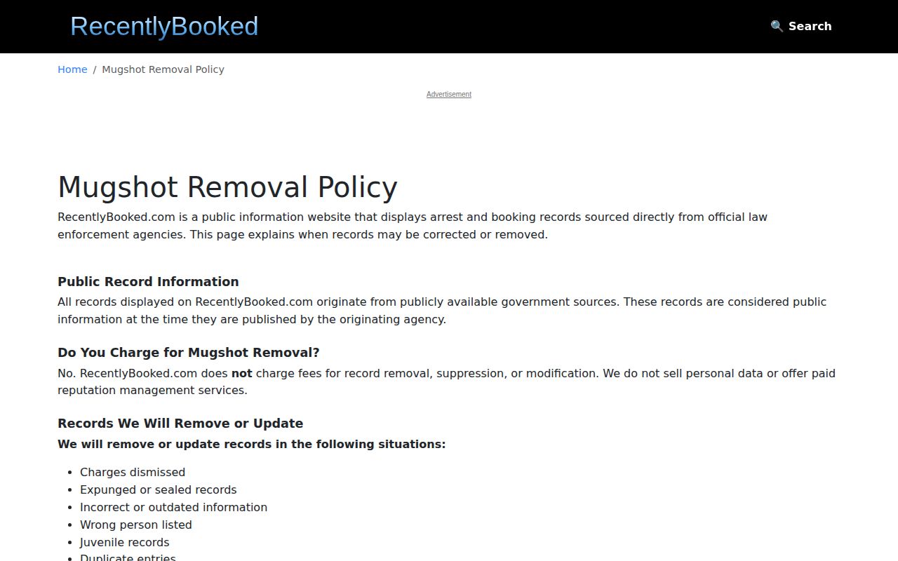 Private booking-photo removal policy relevant to Estill publication questions
