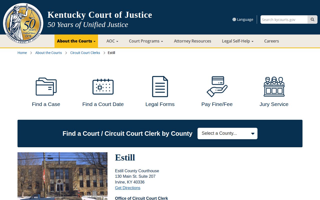 Kentucky Courts Estill County clerk information page