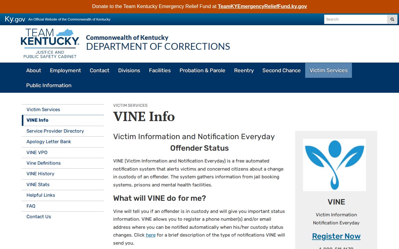 Kentucky Department of Corrections VINE information page explaining custody alerts